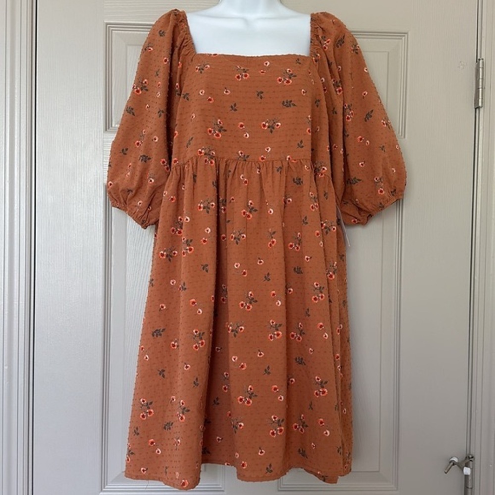 NWT Arula Dress Womens Burnt Orange Floral Square Neck Puff Sleeve Swiss Dot